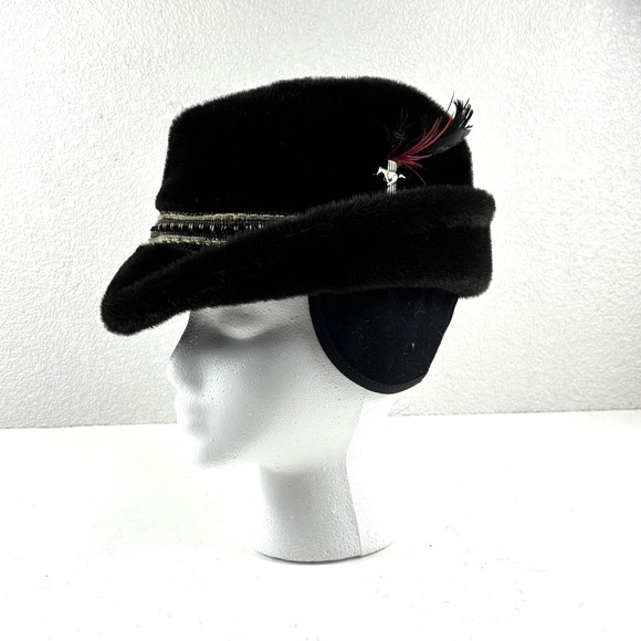 Other - Vintage Faux Fur Fedora Hat Mens Large Black Excellent Ear Flaps Feather Pin